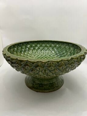 Large Green Glazed Ceramic Pedestal Bowl Textured Decorative Centerpiece